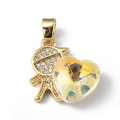Light Goldenrod Yellow Real 18K Gold Plated Rack Plating Brass Micro Pave Clear Cubic Zirconia Pendants, with Glass, Long-Lasting Plated, Cadmium Free & Lead Free, Boy with Heart Charm, Light Goldenrod Yellow, 19.5x18x7.5mm, Hole: 5.5x3.5mm