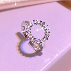 Платина Сплав с хрустальными стразами манжеты кольца для женщин, круглые, платина, внутренний диаметр: 15~22 мм