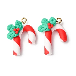 Candy Cane Рождественские подвески из полимерной глины ручной работы, с золотой железной петлей, шоколадная конфета, 25~26x18~19x7~9 мм, отверстие : 1.8 мм