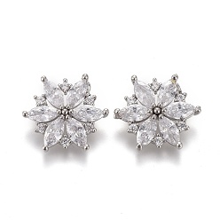 Platinum Brass Micro Pave Clear Cubic Zirconia Shank Buttons, Flower, Platinum, 15x13.5x5mm, Hole: 1mm