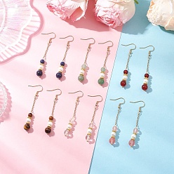 Golden 6 Pairs Shell Pearl Dangle Earrings, Round, with Cherry Quartz Glass, Natural Green Aventurine, Natural Carnelian, Natural Quartz Crystal and Dyed Natural Lapis Lazuli, Golden, 64.5x8.5mm