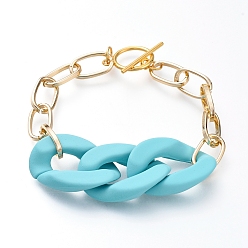 Turquoise Chain Bracelets, with Spray Painted Acrylic Quick Link Connectors, Aluminium Paperclip Chains and Alloy Toggle Clasps, Turquoise, 7-7/8 inch(20cm)