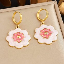 Pink 304 Серьги-кольца из нержавеющей стали с эмалированными цветами, золотые, розовые, 43x25 мм