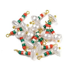 Green ABS Plastic Imitation Pearl Pendants, with Real 18K Gold Plated Brass Loops and Glass Seed Beads, Green, 18.5~19.5x8x5.5mm, Hole: 1.6mm