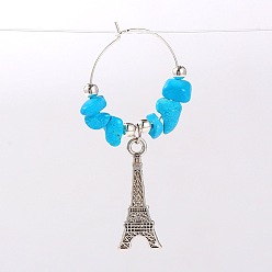 Синтетическая Бирюза Драгоценный камень бокал прелести, с тибетским стилем подвеска Эйфелева башня сплава, железа бусы и латунные серьги обруча, платина, синтетические бирюзовые, 58 мм , штифт: 0.7 мм