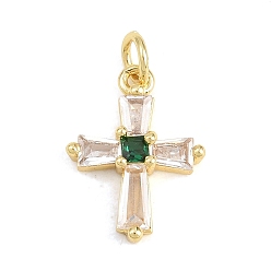 Зеленый Латунные микро проложить кубического циркония подвески, крест прелести, без кадмия и без свинца, реальный 18 k позолоченный, зелёные, 17x12.5x4 мм, отверстие : 3.5 мм