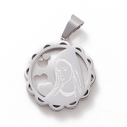 Нержавеющая Сталь Цвет Не тускнеющие 304 подвески из нержавеющей стали, плоские круглые с Девой Марией, цвет нержавеющей стали, 29x26x3 мм, отверстие : 5x8 мм