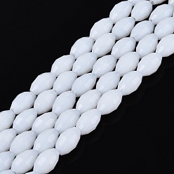 White Opaque Solid Color Glass Beads Strands, Rice, Faceted, White, 8~9x5~6mm, Hole: 0.9~1mm, about 67~68pcs/strand, 22.83~23.62 inch(58~60cm)