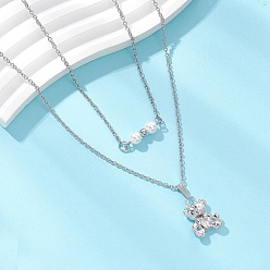 Нержавеющая Сталь Цвет Подвеска в виде медведя из сплава и белого круга 304 двухслойные ожерелья из нержавеющей стали с цепочкой для женщин, цвет нержавеющей стали, 16.02~17.80 дюйм (40.7~45.2 см), 2 шт / комплект