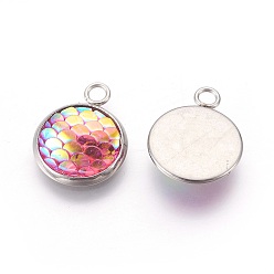 Pearl Pink Resin Pendants, with 304 Stainless Steel Finding, Flat Round with Mermaid Fish Scale Shaped, Stainless Steel Color, Pearl Pink, 18x14x3.5mm, Hole: 2mm