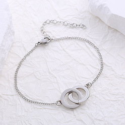 Нержавеющая Сталь Цвет Нержавеющая сталь ссылка браслеты, браслеты из цепочек панцирного плетения для женщин, двойного кольца, цвет нержавеющей стали