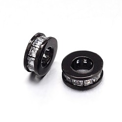 Черный Цвет Металла Экологичные латунные микропаве европейские бусины с кубическим цирконием и большими отверстиями, плоско-круглые, без свинца, без кадмии и без никеля, металлический черный , 9x3.5 мм, отверстие : 4 мм