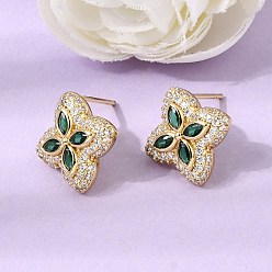 Vert Mer Micro cuivres ouvrent zircone cubique boucles d'oreille, boucles d'oreilles pavées, fleur, sans plomb et sans cadmium, crémaillère plaquage, plaqué longue durée, réel 18 k plaqué or, vert de mer, 15.5x15.5mm