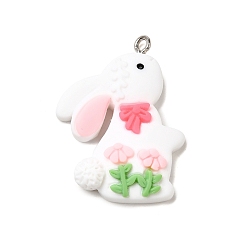 Белый Непрозрачные подвески смолы, кролик с бантом и цветком, с платиновым тоном железная петля, белые, 32.5x24.5x6 мм, отверстие : 1.8 мм