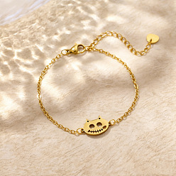 Golden 304 Stainless Steel Cat with Fishbone Link Bracelets, Cable Chain Bracelets for Women, Golden, 6.69 inch(17cm)