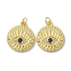 Real 18K Gold Plated Brass Micro Pave Cubic Zirconia Pendants, Long-Lasting Plated, Jump Ring, Flat Round with Eye Pattern, Real 18K Gold Plated, 19.5x17x2.5mm, Jump Ring: 5x1mm, Inner Diameter: 3mm