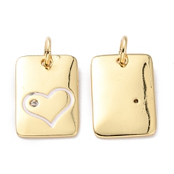 White Brass Enamel Cubic Zirconia Pendants, Long-Lasting Plated, Rectangle, Golden, White, 15x10x1.5mm, Hole: 3.6mm