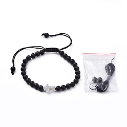 Black Agate Natural Black Agate(Dyed) Braided Bead Bracelets, with Nylon Thread and Brass Micro Pave Cubic Zirconia Beads, Cross, 2-1/8 inch~3-3/4 inch(5.5~9.5cm)