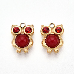 Настоящее золото 14K Подвески в виде совы из натуральной красной яшмы и рубиновых страз, с 304 установками из нержавеющей стали, реальный 14 k позолоченный, 10.5x8x3.5 мм, отверстие : 1.2 мм