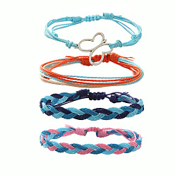 Бледно-бирюзовый 4шт. набор браслетов из плетеных бусин и сплава бабочек и вощеного шнура, античное серебро, бледные бирюзовая, 11 дюйм (28 см)