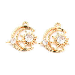 Real 18K Gold Plated Brass Pendants, with Clear Glass, Moon & Sun Charms, Real 18K Gold Plated, 15.5x14.5x3.3mm, Hole: 1.4mm