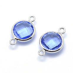 Васильковый Соединители латунные звенья, С граненым стеклом, плоско-круглые, без свинца и без кадмия, платина, васильковый, 14x9x3.5 мм, отверстие : 1 мм
