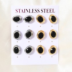 Black 6 Pairs 304 Stainless Steel Pave Cubic Zirconia Stud Earrings, Oval, PVD Vacuum Plating, Golden & Stainless Steel Color, Black, 12.5x10mm