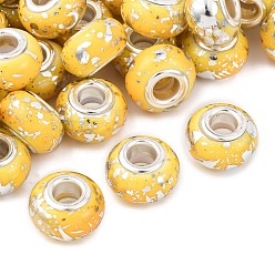 Желтый Европейские бусины-рондель из непрозрачной смолы, с серебряной фольгой и латунными двойными сердечниками серебристого тона, бусины с большим отверстием, желтые, 13.8x8.5 мм, отверстие : 4.5~5 мм