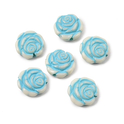 Flower Painted Opaque Acrylic Beads, Cameo Beads, Sky Blue, Rose Flower, 13.5x14x5mm, Hole: 1.7mm