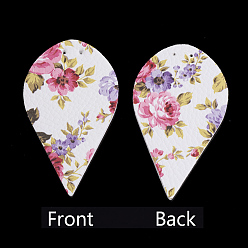 Farbig Pu-Leder große Anhänger, Blatt mit Blumenmuster, Farbig, 62x35x2 mm, Bohrung: 1.5 mm