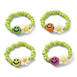 (52) Непрозрачная лаванда Растягивающееся кольцо из стеклянных бусин, Женское кольцо на палец с улыбающимся лицом и цветком, разноцветные, размер США 8 1/2 (18.5 мм)