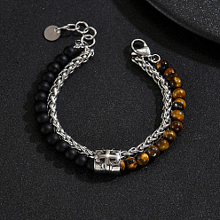 Tiger Eye Natural Tiger Eye and Frosted Obsidian Round Beaded 2-Strand Bracelets with 201 Stainless Steel Wheat Chains for Men Women, Stainless Steel Color, 9.06 inch(23cm)