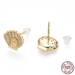 Real 18K Gold Plated 925 Sterling Silver Micro Pave Cubic Zirconia Stud Earring Findings, with Peg Bails, for Half Drilled Beads, Shell/Scallop Shape, Nickel Free, with S925 Stamp, Real 18K Gold Plated, 10x10.5mm, Pin: 0.7mm(for Half Drilled Beads), Pin: 0.8mm