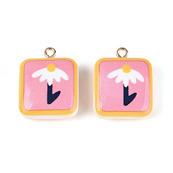 Pink Печатные акриловые подвески, квадратные и цветочные подвески, с латунной найти, розовые, 24~24.5x19.5x9 мм, отверстие : 2 мм