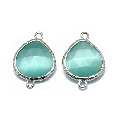 Blue Cat Eye Links connectors, with Brass Findings, Faceted, teardrop, Platinum, Turquoise, 21~22x15.5~16x6mm, Hole: 1.6mm