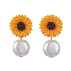 Orange Natural Pearl & Resin Sunflower Stud Earrings, with 304 Stainless Steel Pins, Orange, 29x16.5mm