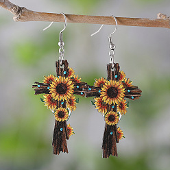 Кокосово-Коричневый Серьги-подвески из дерева с двухсторонним принтом, платина, крестик, кокосового коричневый, 27x65 мм