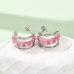 Platinum Rack Plating Brass Enamel Stud Earrings, Flower Pattern, Half Hoop Earrings, Cadmium Free & Lead Free, Long-Lasting Plated, Platinum, 20x12mm