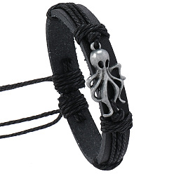 Черный Регулируемые браслеты из искусственной кожи, браслеты из сплава осьминога для мужчин, чёрные, внутренний диаметр: 2-1/8~2-3/4 дюйм (5.5~7 см)