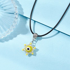 Желтый Ожерелья с подвесками из стеклянных бусин и лампворка от сглаза ручной работы, ожерелья из черного вощеного хлопкового шнура, античное серебро, желтые, 17.68 дюйм (44.9 см)