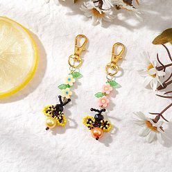 (52) Непрозрачная лаванда Брелки пчелы, со стеклянными бусинами и полимерными глиняными бусинами с цветочным принтом ручной работы, натуральными бусинами из черного оникса, прозрачными акриловыми подвесками и поворотными застежками-лобстерами из сплава, золотые, разноцветные, 89~91 мм