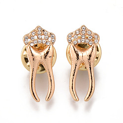 Light Gold Alloy Brooches, with Crystal Rhinestone and Butterfly Clutches, Crown with Tooth, Cadmium Free & Nickel Free & Lead Free, Light Gold, 24x10x2mm, Pin: 1mm