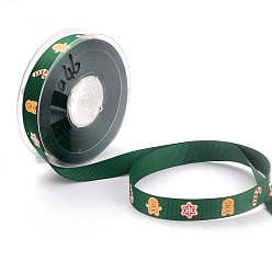 Green Polyester Grosgrain Ribbon, Single Face Printed, Gingerbread Man Pattern, for Christmas Gift Wrapping, Party Decorate, Green, 5/8 inch(16mm), 100 yards/roll(91.44m/roll)