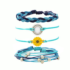 Голубой 4шт. набор браслетов из плетеных бусин из сплава цветов и кольца и вощеного шнура, античное серебро, голубой, 11 дюйм (28 см)