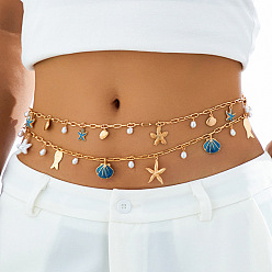 Морская звезда Эмалированный сплав в морском стиле с пластиковыми жемчужинами, двухслойные цепочки на талию и живот для сексуального бикини, золотые, синие, морская звезда, 865 мм