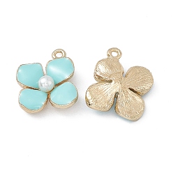 Pale Turquoise Alloy Enamel Charms, with Plastic Imitation Pearl, Golden, Flower Charm, Pale Turquoise, 19x17.5x4.5mm, Hole: 1.4mm
