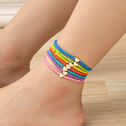 (52) Непрозрачная лаванда 7 шт. комплекты браслетов на лодыжку из латуни и стеклянных бусин в стиле бохо с сердечками, штабелируемые ножные браслеты, золотые, разноцветные, внутренний диаметр: 3 дюйм (75 мм)