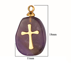 Amethyst Natural Amethyst Pendants, Oval Charms, with Golden Tone Stainless Steel Cross Slice, 17~18x11~12x3.5~4.3mm