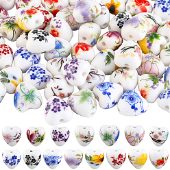 (52) Непрозрачная лаванда 60шт. фарфоровые бусины ручной работы, напечатанный, сердце с цветочным узором, разноцветные, 12~12.5x12x9 мм, отверстие : 2 мм