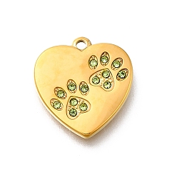 Оливин 304 из нержавеющей стали горный хрусталь подвески, ионное покрытие (ip), подвеска в виде сердца с отпечатком лапы, реальный 14 k позолоченный, оливина, 15.5x15x2 мм, отверстие : 1.4 мм
